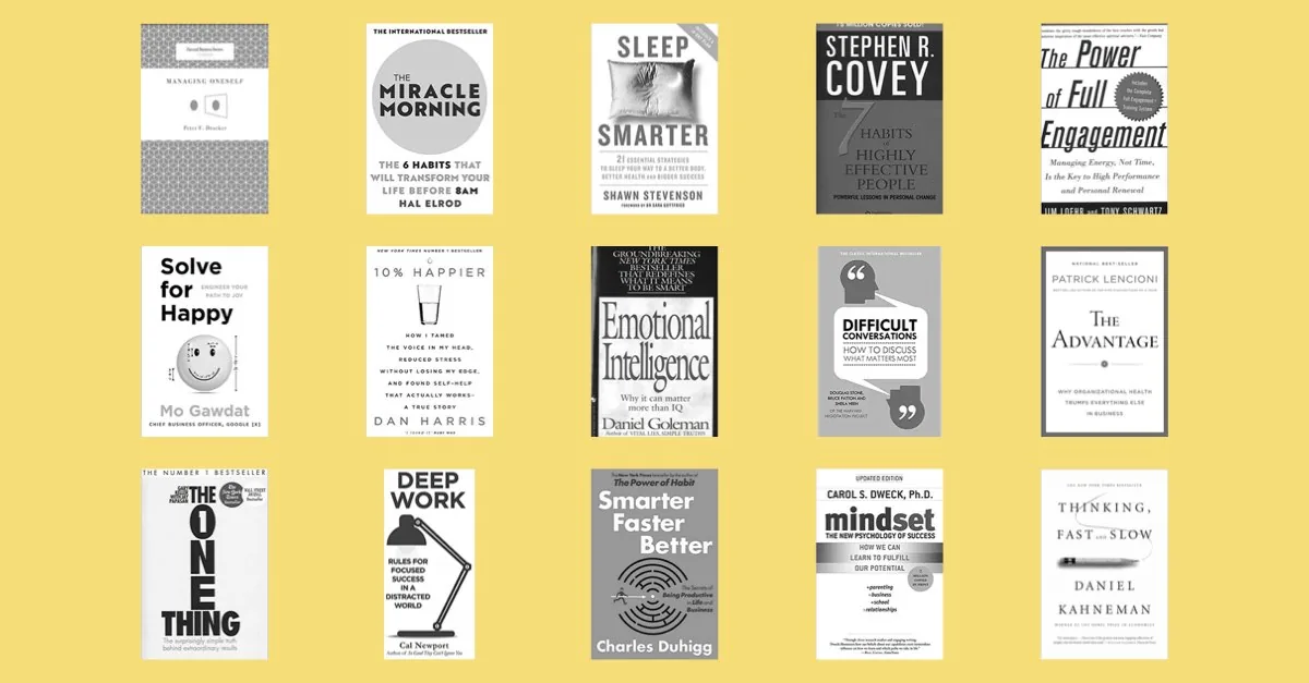 Fifteen book covers in a grid, among them The Miracle Morning, Sleep Smarter, The 7 Habits of Highly Effective People, The Power of Full Engagement, Emotional Intelligence, Mindset, Deep Work and Thinking, Fast and Slow.