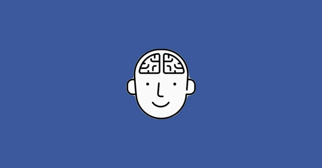 Line drawing of a smiling head with a brain visible inside it, on a blue background.