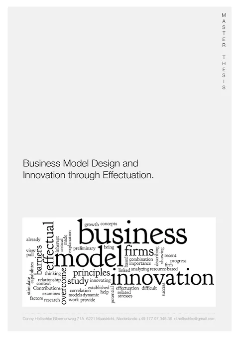 Cover of the master thesis Business Model Design and Innovation through Effectuation, with a word cloud.